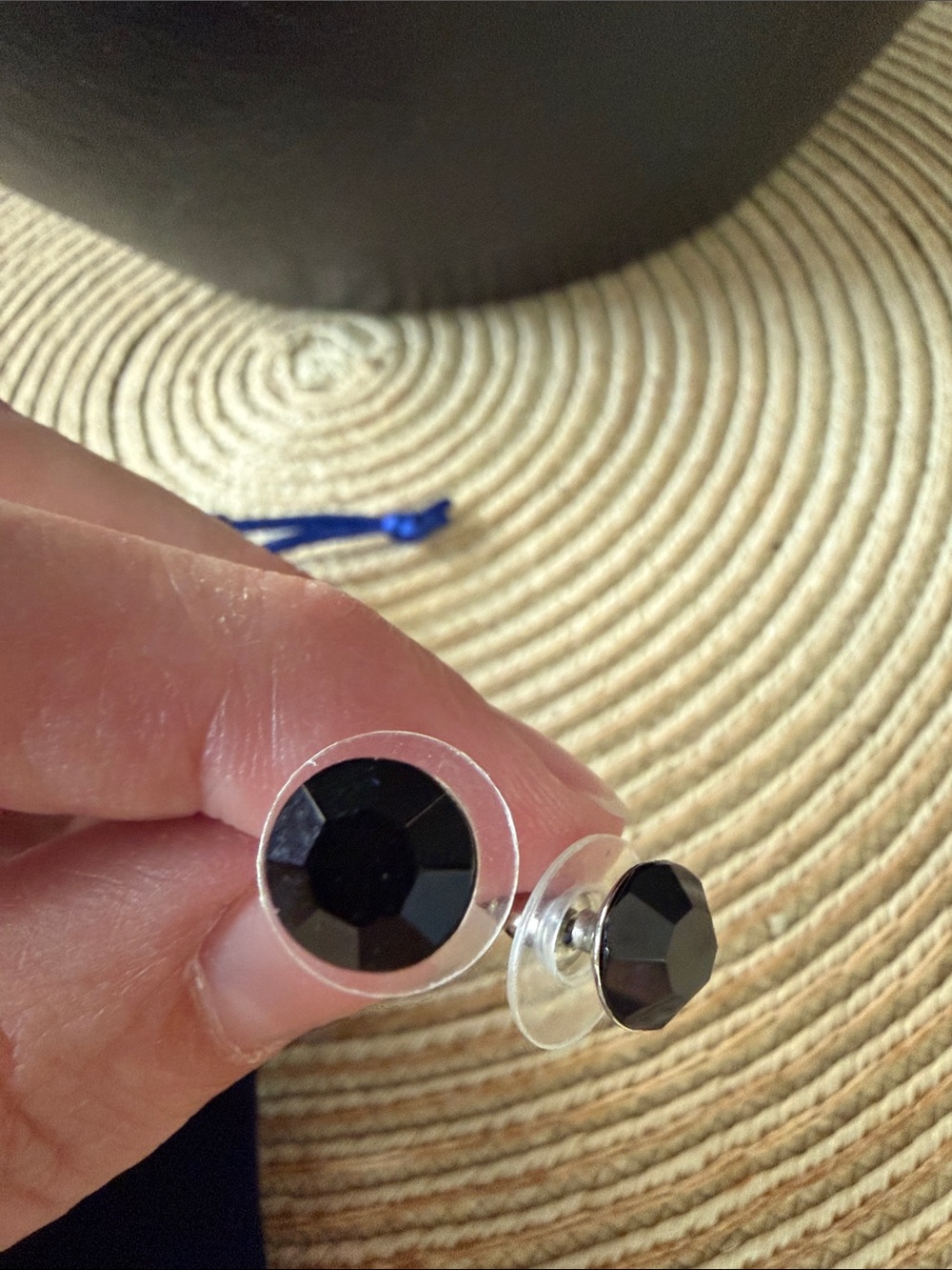 Classic Black Faceted Stud Earrings with Blue Velvet Jewelry Bag